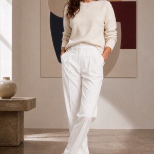 Linére Rundhals Pullover aus 100 % Cashmere in Creme (Panna), Größe XL – Ansicht 4