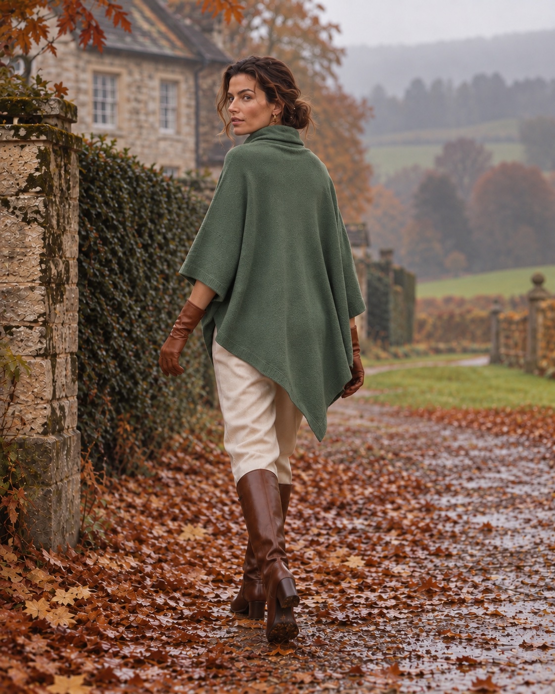 Cashmere Poncho Verde Militare von hinten – asymmetrischer Saum, Herbstallee mit Laub