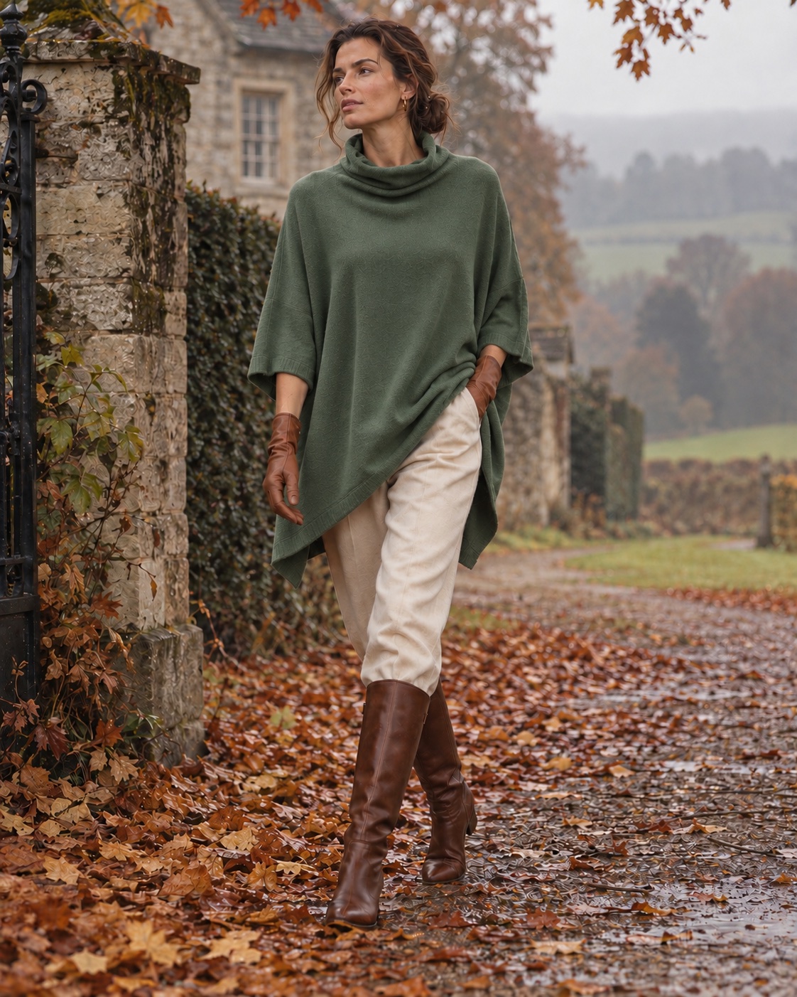 Poncho aus 100% Cashmere in Verde Militare (gedecktes Waldgrün) mit Rollkragen, cremefarbener Wollhose und braunen Reitstiefeln – Herbst auf dem Landsitz