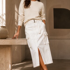 Linére Rundhals Pullover aus 100 % Cashmere in Creme (Panna), Größe XL – Ansicht 1