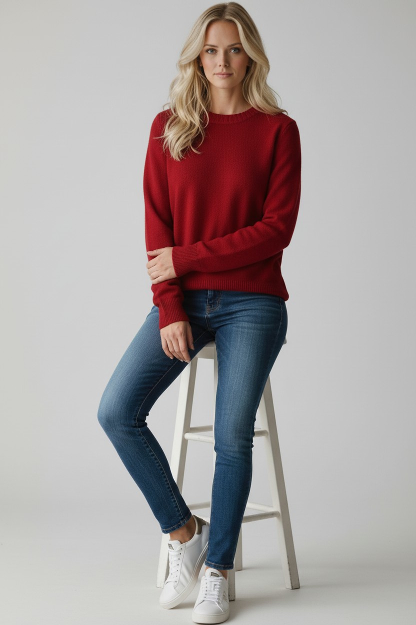 Frau sitzend im roten Cashmere Pullover