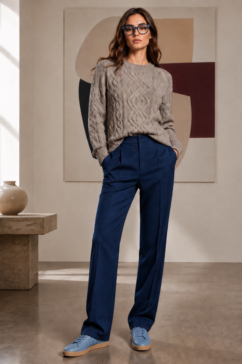 Cashmere Zopfmuster Pullover in Blau