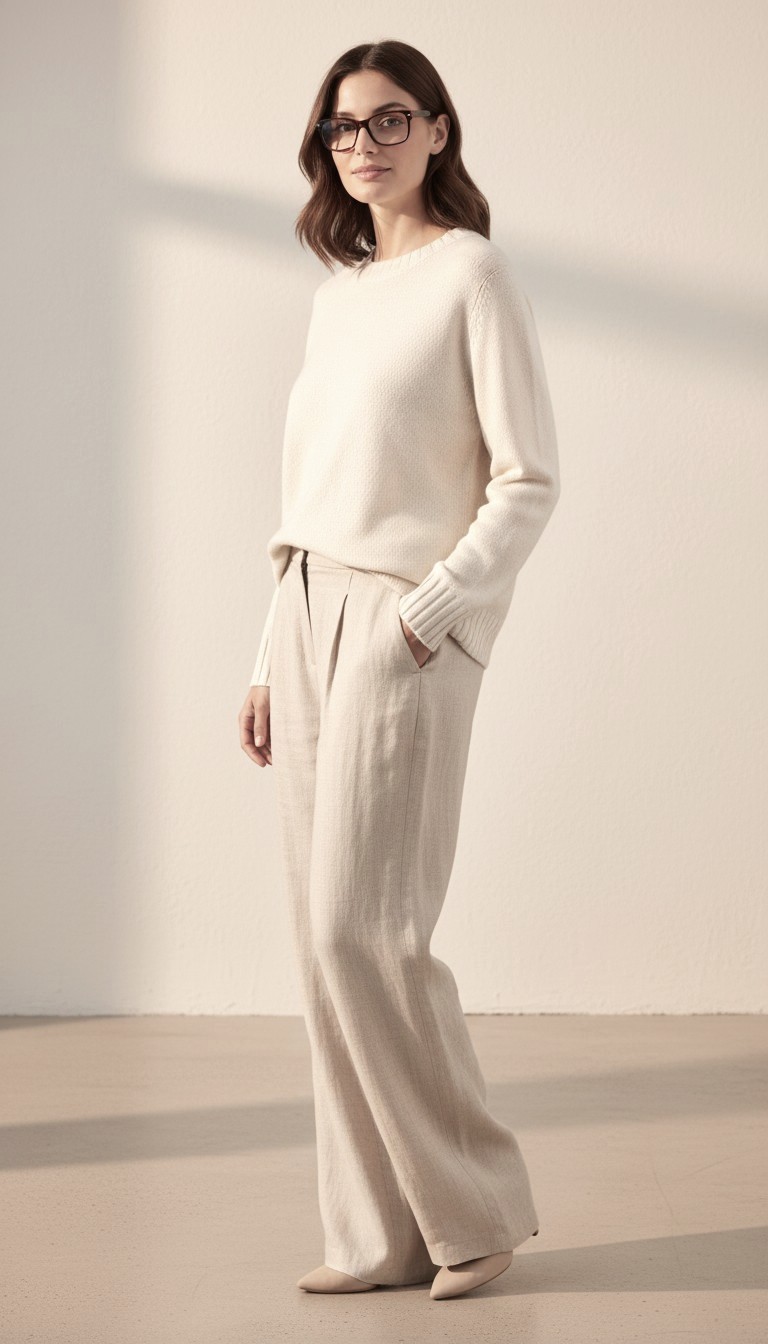 Frau tr&auml;gt cremefarbenen Cashmere Rundhalspullover