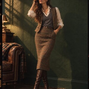 V-Neck Pullover Ultralight aus 100% Cashmere in Grigio M (Grau-Melange) mit Tweed-Weste und Tweed-Rock – Irish Style