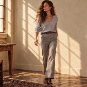 Ultraleichter Kaschmirpullover Damen mit V-Ausschnitt in hellem Perlgrau in Bewegung – Herbstlook mit Glencheck-Hose