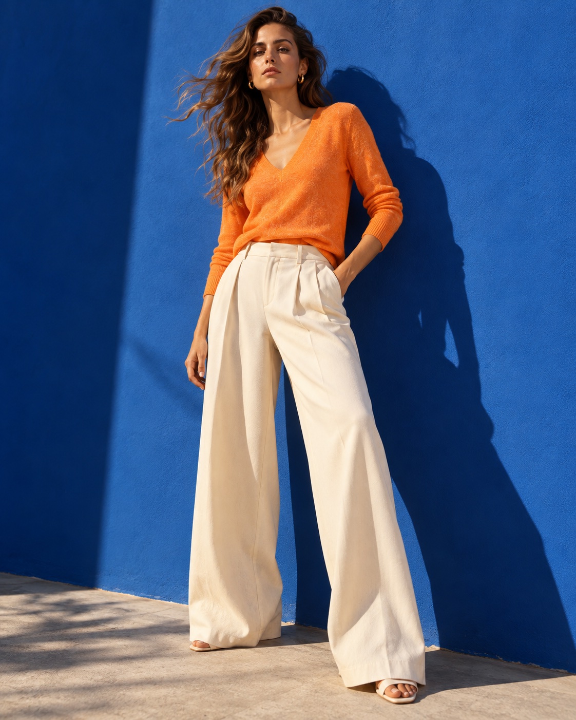 V-Neck Pullover Ultralight aus 100% Cashmere in Zucca (Orange) mit weißer Marlene-Hose vor kobaltblauer Wand