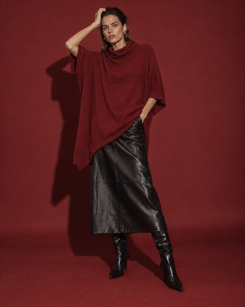 Poncho aus 100% Cashmere in Bordeaux – Ganzkörper im Studio mit schwarzem Lederrock