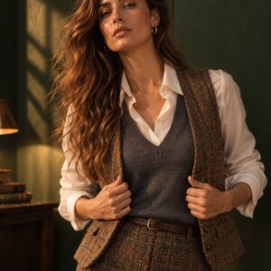 Ultraleichter Cashmere V-Neck Pullover in Grau über Seidenbluse mit offener Tweed-Weste – Nahaufnahme