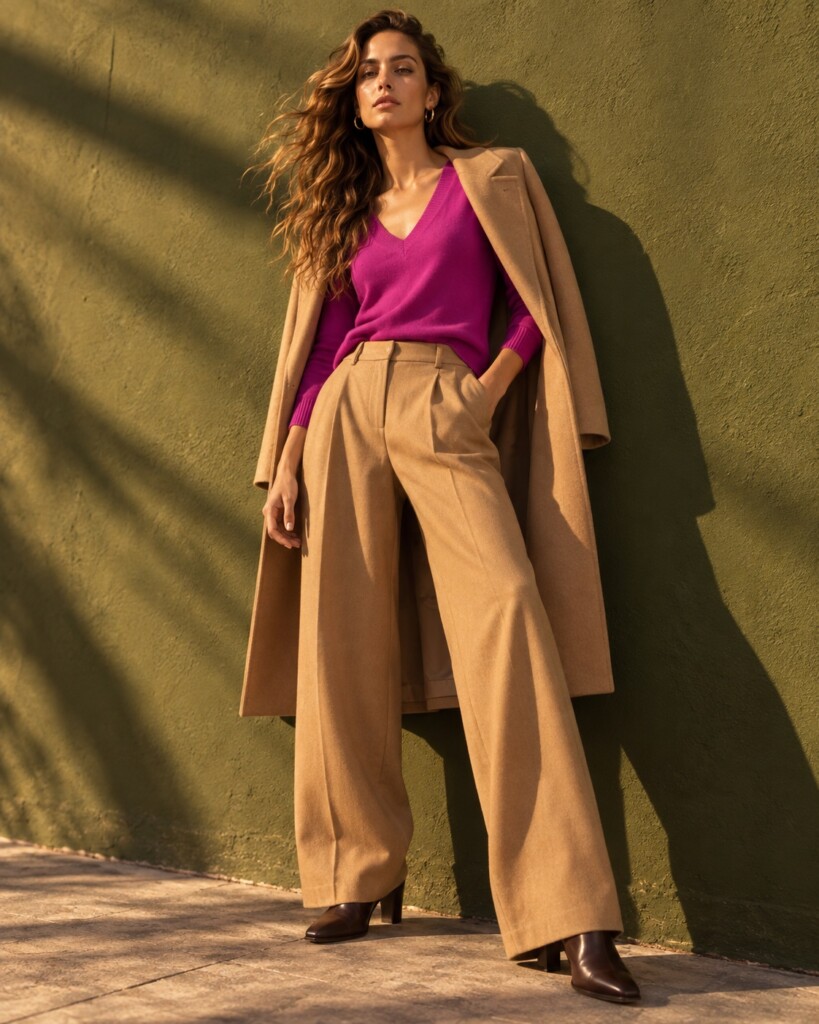 V-Neck Pullover Ultralight aus 100% Cashmere in Fuxia (Magenta) mit Kamelhose und Kamelmantel – Herbstlook