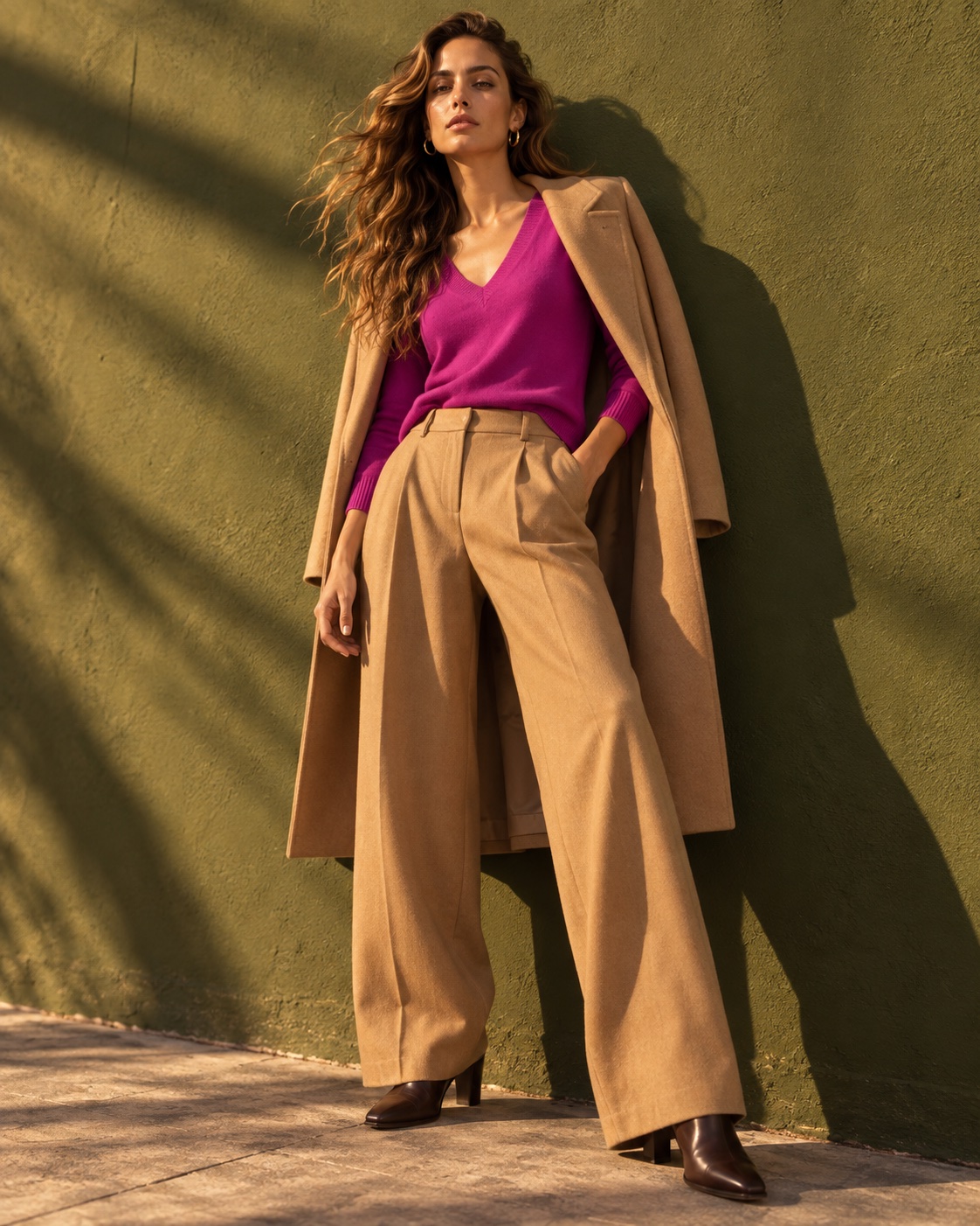 V-Neck Pullover Ultralight aus 100% Cashmere in Fuxia (Magenta) mit Kamelhose und Kamelmantel – Herbstlook