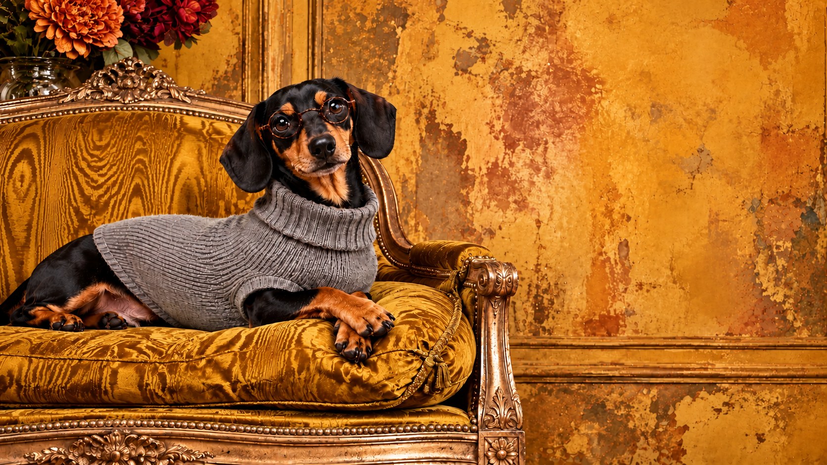 Dackel mit Brille im grauen Rollkragen-Hundepulli auf goldenem Barocksofa – Linére